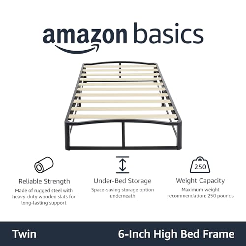 Image of Amazon Basics Durable Metal Platform Bed Frame with Wood Slat Support, 6 Inches High, Twin, Black