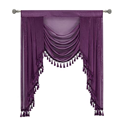 Oyring Purple Waterfall Sheer Window Valances For Living Room Decor - Tassels Swag Curtain Valance For Bedroom Rod Pocket Valance Curtains, 1 Panel, Width 39 Inch #TOP2