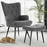 Clevich Ohrensessel - Gemütlicher Loungesessel mit Hocker, Lesesesselaus, Chenille Armchair für Wohnzimmer & Schlafzimmer - Bis 168kg, Grau