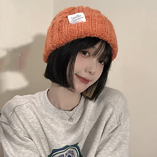 WmHeoo2077 Winter Mütze Weiche Cuffed,Innenfutter Gefütterte Strickmütze,Damen dick gestrickte Wollmütze, All-Match Trendige Mütze im Herbst und Winter,Orange,M(56-58cm) Cover