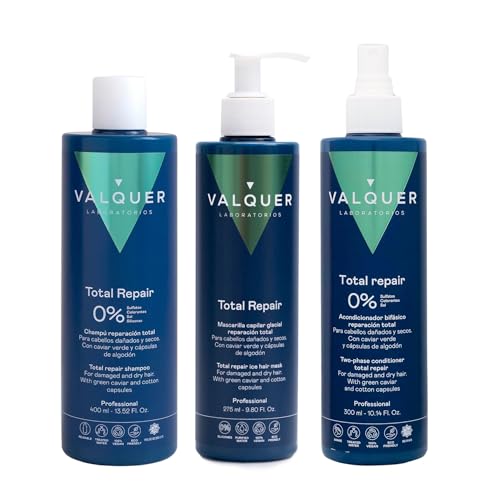 Valquer Pack Total Repair Zero Champú 400 ml, Mascarilla 275 ml y Acondicionador Bifásico 300 ml. Repara, Suaviza y Nutre el Cabello Dañado y Seco. Hidratación Intensa con Caviar verde y Vitamina E.