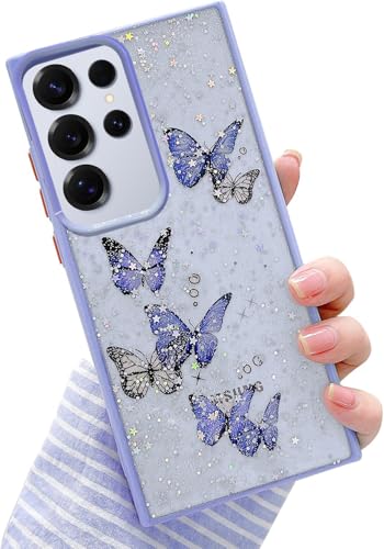 Image of VONZEE for Samsung Galaxy S25 Ultra Clear Glitter Butterfly Case, Cute Bling Sparkle Shiny Soft Silicone TPU Bumper Shockproof Women Girls Slim Protective Phone Cover for Galaxy S25 Ultra, Purple