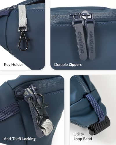Image of Destinio Waist Bag for Men and Women - Anti Theft, Waterproof Zippers and Back Pocket - Large Travel Waist Pouch, Fanny Pack, Belt & Hip Bag for Hiking, Passport, Gym (Blue)