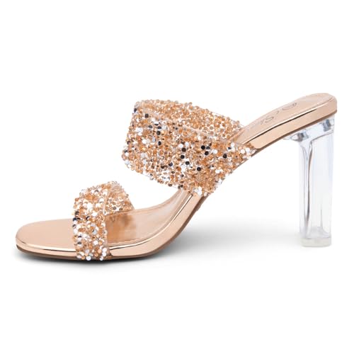 Image of Shoe Land Clear Heels for Women, Transparent Two Strap Chunky Block High Heel Mules, Slip On Square Toe Dressy Sandals for Wedding, Party, Prom