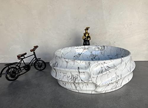 Image of Designer Glossy Finish Ceramic Art Table Top Wash Basin For Bathroom | Collapsible Countertop Washbasin (Black White Glossy Art, 16 x 13 x 6 Inch)