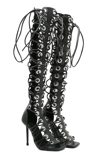 STUPMARY Women Peep Toe Sandals Cut-outs Cross-tied Lace Up High Heeled Gladiator Sandals Zipper Over The Knee Bootie Summer3