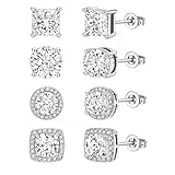 XYPHIELLE Aretes de Plata para Mujer 925-4 Pares de Aretes con Zirconia Redondos y Cuadrados, Aguja Hipoaergénica para...