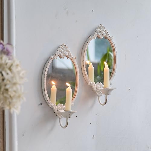 Sintosin Blanco Juego de 2 Portavelas de Pared Vintage con Espejo, Rústico Portavelas Decoracion para Pared, Antiguo Candelabros para Velas para Sala de Estar, Comedor y Dormitorio