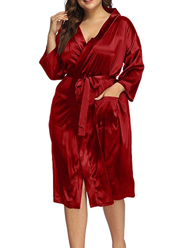 Allegrace Women's Plus Size Robes Sexy Satin Pajamas Wrap Sleepwear Pocket Long Kimino Robe Red 3X