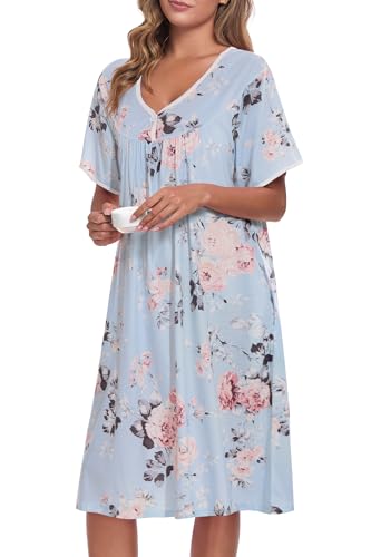 Image of AVIIER Nightgows for Women Soft Cotton Night Shirts Short Sleeve Sleepwear with Pockets