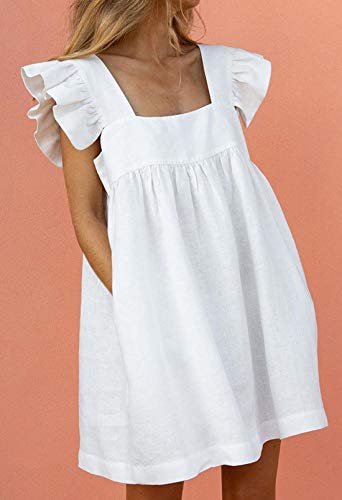 Aohite Women's Square Collar Babydoll Dress Ruffle Short Sleeve Mini Dress White #TOP1