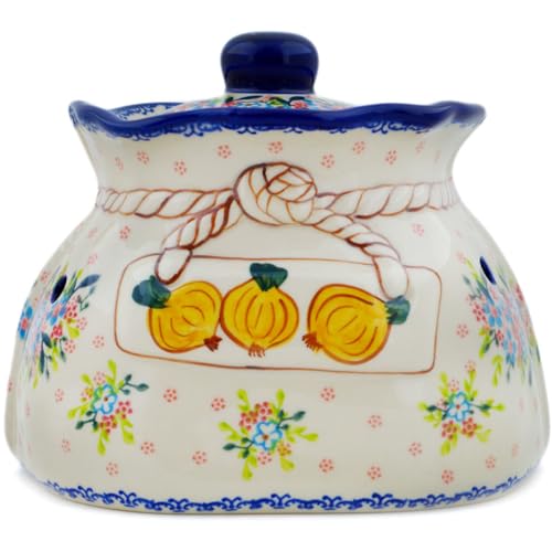 Authentic Polish Pottery Garlic and Onion Jar Signature UNIKAT in Aster Design Handmade in Boles?awiec Poland + Certificate of Authenticity