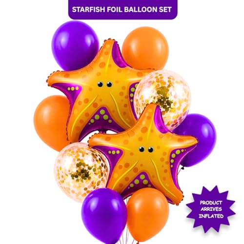 Image of Wanna Party Starfish Underwater Theme Balloon Set of 10 for Birthday Decoration | 2 Starfish Foil Balloons + 3 Purple + 3 Yellow + 2 Gold Confetti Balloons (12 Inch) | Ocean Sea Party Decor Supplies