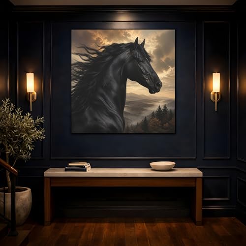 Tableau cheval noir et or toile tendue chassis 3 cm