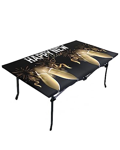 Happy New Year Fitted Table Covers for 4 Foot Tables, Yellow Champagne Fireworks Ribbon Elastic Table Cover Rectangle 24