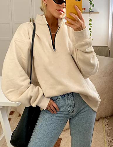 Womens Oversized Half Zip Pullover Long Sleeve Sweatshirt Quarter Zip V Neck Drop Shoulder Tops Teen Girls Fall Fashion 2022 Y2K Clothes Beige Fall Outfits #TOP3