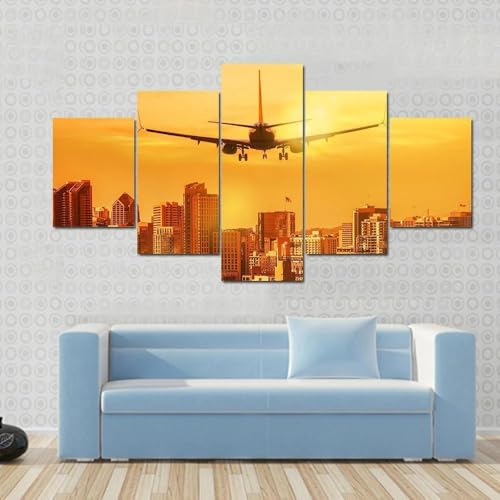 Deco murale salon 5 parties avec grand tableau impression sur toile avion et cadre en bois