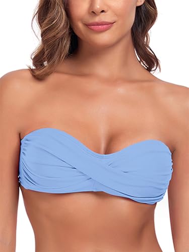 Image of Ocean Blues Women's Sea Blue Swimsuit Top Bandeau Bikini Top Plus Size Ruched Bathing Suit Top Size Medium