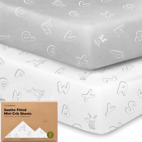 Image of 2pk Mini Crib Sheets Fitted 38x26 Pack N Play Mattress Sheet (ABC Land) | Organic Cotton Sheets for Pack and Play Mattress, Soft, Breathable Playard Bedding Sheet, Mini Toddler Bed Cover, Boys, Girls