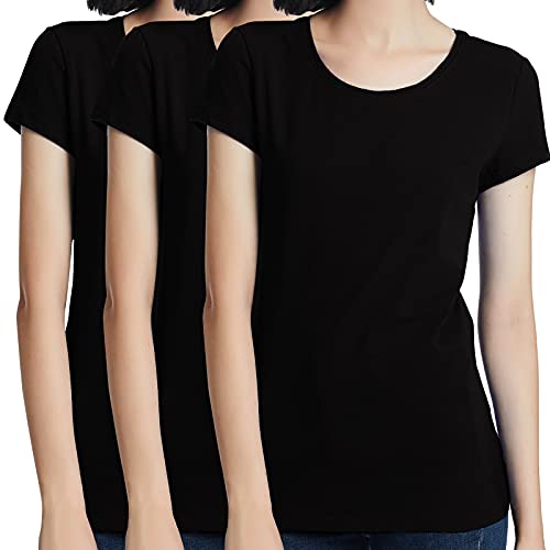 KELOYI Camisetas Manga Corta Mujer Negras Verano de Algodón Cuello Redondo, Pack de 3 -XL