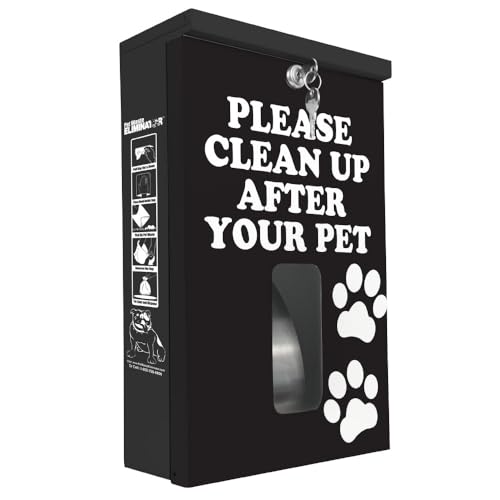 Pet Waste Eliminator Dog Waste Bag Dispenser - Paw Prints Black Design, Rustproof Aluminum, Lock & Rainguard - Fits Header & Roll Bags - Station/Wall/Pole/Fence Mount