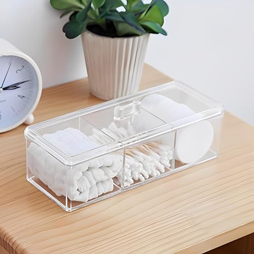 Image of Sooyee Qtip Holder Rectangle Cotton Ball and Swab Holder Organizer with Lid, Dustproof,Waterproof,Clear Acrylic 3 Compartment Cotton Pad Container for Cotton Swabs, Make Up Pads, Cosmetics