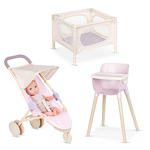 Babi Deluxe 4er Set Baby Puppe mit Zubehör – Laufstall, Hochstuhl, Puppenbuggy in Pink und Weiß– Kinder Spielzeug für Mädchen und Jungen ab 3 Jahre