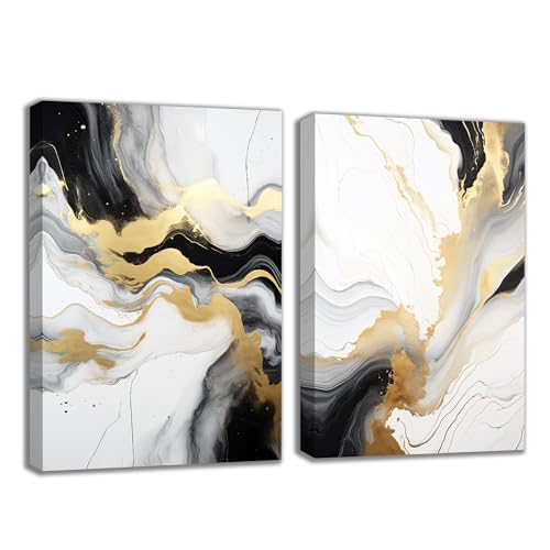 Abstract Canvas Wall Art, Black and Gold on White Background