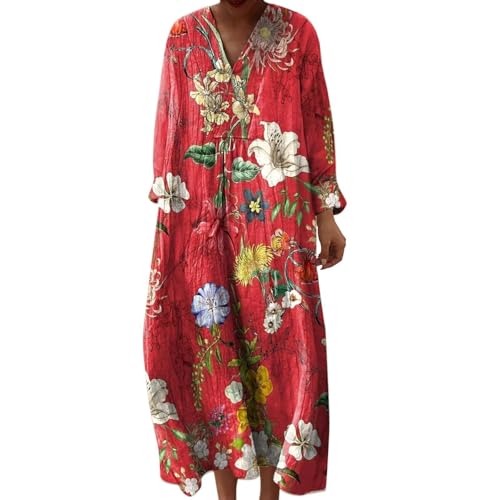 Vestidos Mujer Verano 2026 Boho Vestido Largo Casual para Disimular Tripa Talla Grande Manga Larga de Algodón y Lino con Bolsillos Vestido Playa Holgado Suelto Vintage Hippie Chic Maxi Tunica Larga