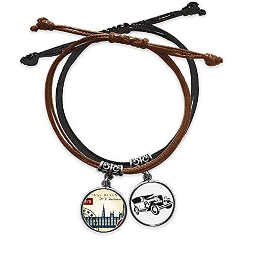 Bracelet Angleterre en cuir et corde avec motif minibus de Londres pour homme et femme
