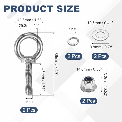 Image of PATIKIL M10 x 45mm Shoulder Eye Bolt, 2 Pcs 304 Stainless Steel Lifting Ring Threaded Eye Bolt with Flange Lock Nuts Spring and Flat Washers for Hanging Tie Down Straps Outdoor Indoor