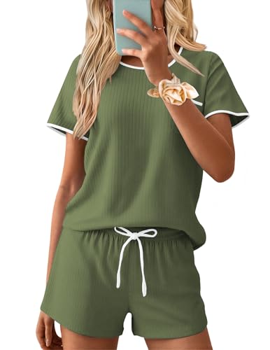 Ekouaer Womens Pajama Set Ribbed Knit Soft Shorts Pjs Summer Sleepwear Two Piece Casual Lounge Sets with Drawstring & Pockets Army Green