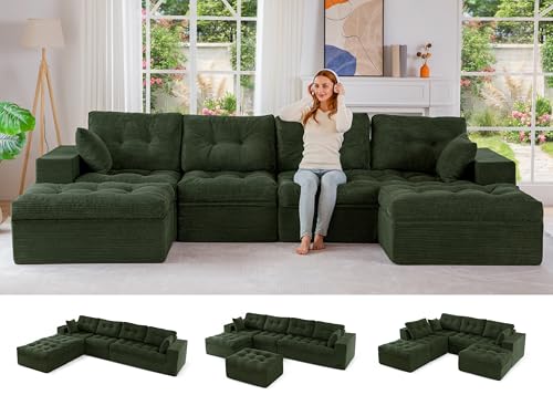 Image of MAXYOYO 132 inch U Shaped Modular Sectional Sofa with 2 Ottomans, Cloud Boneless Couch with Layered Cushion, Flexible Module Combination Sofa for Living Room, No Assembly Required, Dark Green