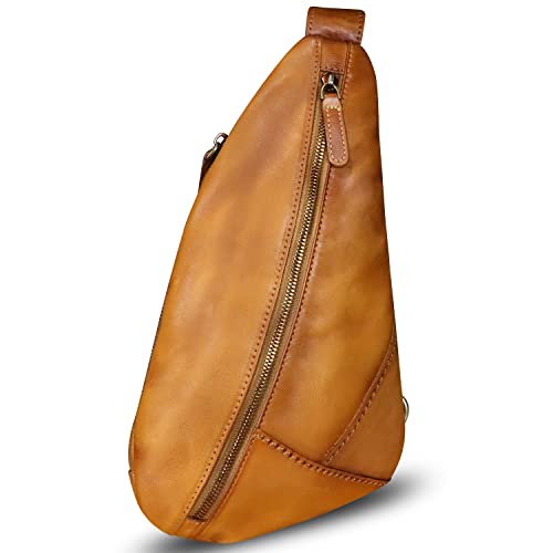 Genuine Leather Sling Bag Crossbody Motorcycle Bag Handmade Chest Bag Hiking Daypack Retro Shoulder Backpack Vintage (Lightbrown) #TOP1
