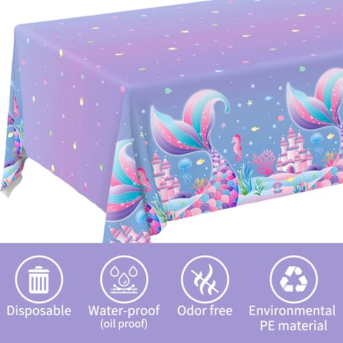 Image of Gatherfun Mermaid Party Supplies Set: 2-Pack Rectangular Plastic Tablecloths, 54 x 108 Inches, Purple (Gradient) Mermaid Pattern, Kids & Girls 1st Birthday Decorations