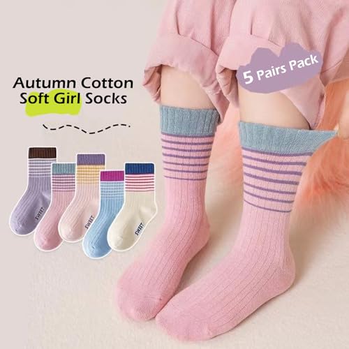 Girls Socks Ribbed Cuffs Crew Socks Mid-Calf Colourful Stripes Fashion Casual Novelty Socks for Girls 5 Pairs2