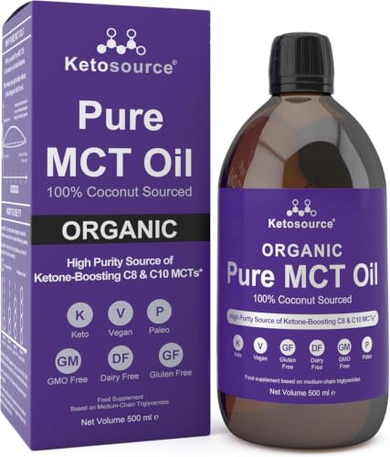Pure MCT Oil Organic | 100% Coconut Organic MCT Oil C8 C10 Glass Bottle | High Purity Source of Ketone-Boosting C8 & C10 MCTs | Keto Diet Fasting Vegan Safe & Gluten Free | 500ml | Ketosource