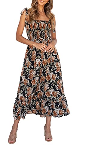 Imily Bela Womens Summer Dress Tie Strap Boho Floral Beach Dress Square Neck Ruffle Sun Dresses A Line Smocked Maxi Dress