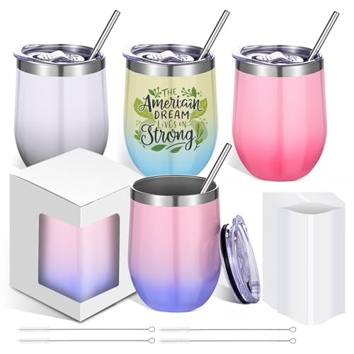 PlanetFlame 12 oz Sublimation Wine Tumblers Blanks 4 Pack Double Wall Vacuum Insulated Stainless Steel Mug with Sliding Lid Stainless Steel Cups with Straw and Sublimation Shrink Wrap Sleeve Mix