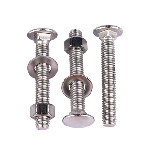 Image of 10 Sets 1 /4-20 x 3 Carriage Bolts Screws Round Head Square Neck and Hex Nuts, Flat Washers 304 Stainless Steel 18-8 Full Thread, Silver