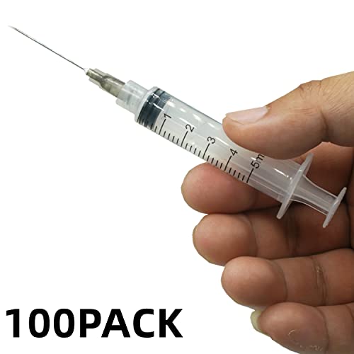 Image of 100 Pack 5ml 22Ga Plastic Syringe with Measurement for Scientific Labs and Industrial Dispensing, Disposable Individually Wrapped (100, 5ml-22Ga)