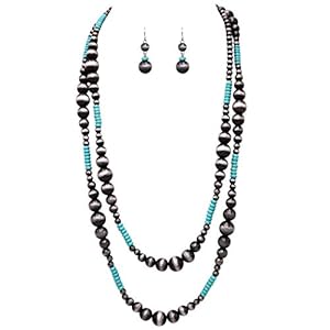 Rosemarie Collections Women’s Extra Long Navajo Pearl And Turquoise Howlite Bead Statement Western Endless Strand Necklace Earrings Set, 60″