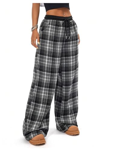 Floerns Women's Drawstring Waist Pants Plaid Print Wide Leg Athletic Running Pants3