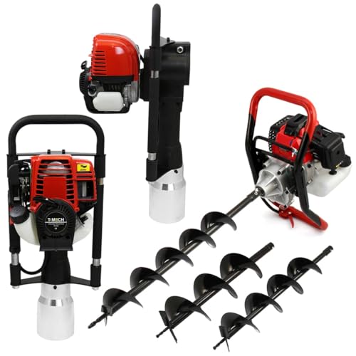 Earth Auger 3HP Motor & Petrol Post Driver, Powerful 37.7cc T-Mech 120mm Post Hole Borer Fence Hammer Picket Fencing Knocker 52cc Rammer 3 Sized Drills, Free Safety Gear Carry Case and Tool Kit