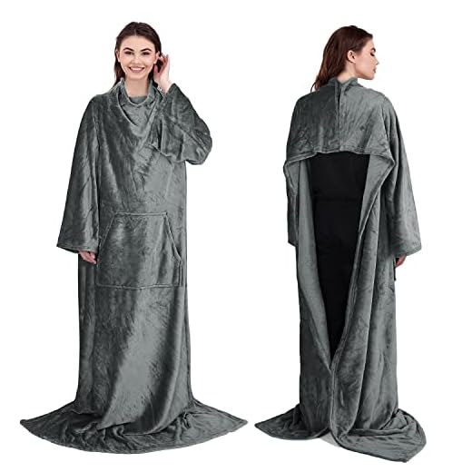 Fleece Wearable Blanket with Sleeves and Kangaroo Pocket for Women Man Adult, Super Soft Warm TV Throw Blanket with Snap Button, Body Wrap Robe Blankets with Arms, Gray