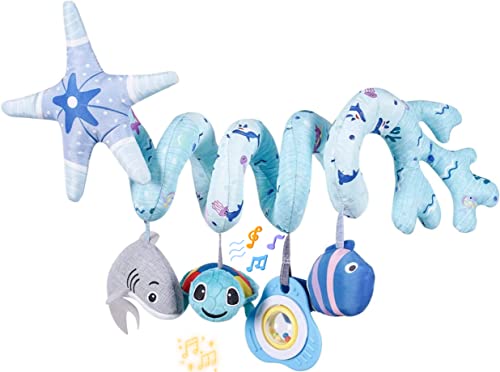 Image of Upscale Trail Deluxe 5-Piece Spiral Plush Toy Set - Cute Hanging Baby Rattle Animals including Shark Ideal Stroller, Crib Mobile, & Car Seat Toys for Babies 0-6 months up to 1 Year Coral Blue