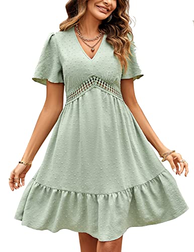 JENJON Femme Robe de Eté Col en V Elégant Pois Volants Taille Haute Manches Courtes Décontractée A-Ligne Mini Robes