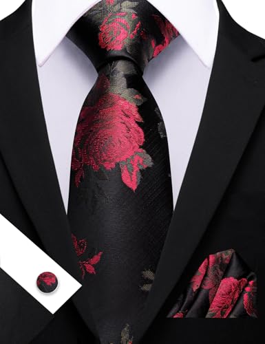 Image of Barry.Wang Flower Ties for Men Silk Woven Floral Tie Sets Necktie Handkerchief Cufflinks Wedding Party
