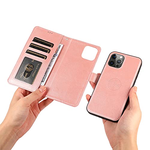 GoshukunTech for iPhone 12 Case,for iPhone 12 Pro Phone Cover [2 in 1 Wallet Leather Case] Detachable Magnetic Flip Cover with Card Slots,Wrist Strap-Pink