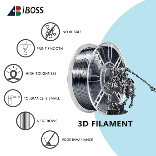 Image of iBOSS 3D Printer Silk Filament, Shiny Silk PLA Plus Filament 1.75mm, Smooth Silky Surface, Great Easy to Print for 3D Printers, Dimensional Accuracy + /- 0.02mm, Silk Iron Black 1KG